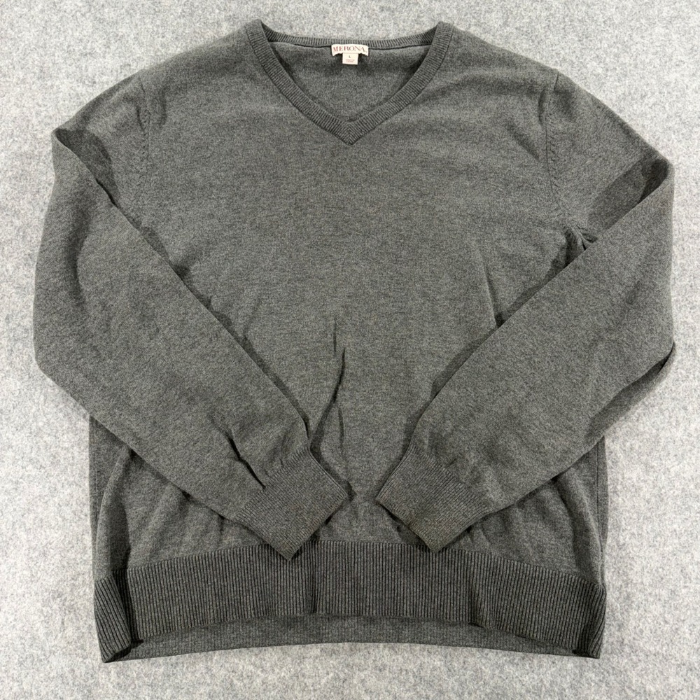 Merona Mens V-Neck Sweater Charcoal Gray Heather Long Sleeve Knit Pullover L